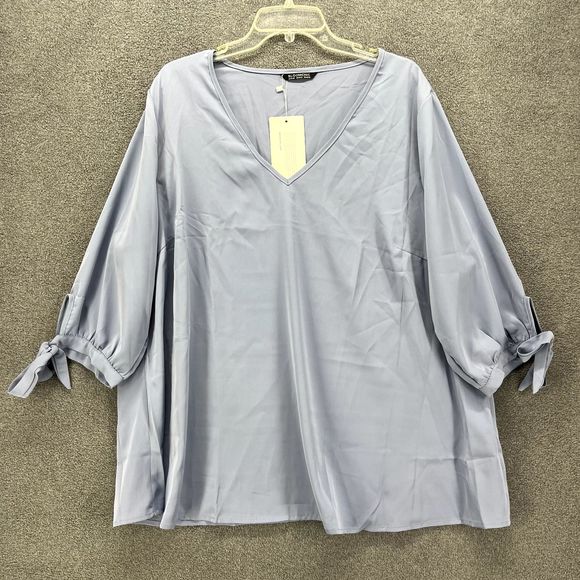 Bloomchic Top Womens Plus 2X 18 20 Blue V Neck tie bow 3/4 Sleeve casual Blouse - Picture 1 of 15